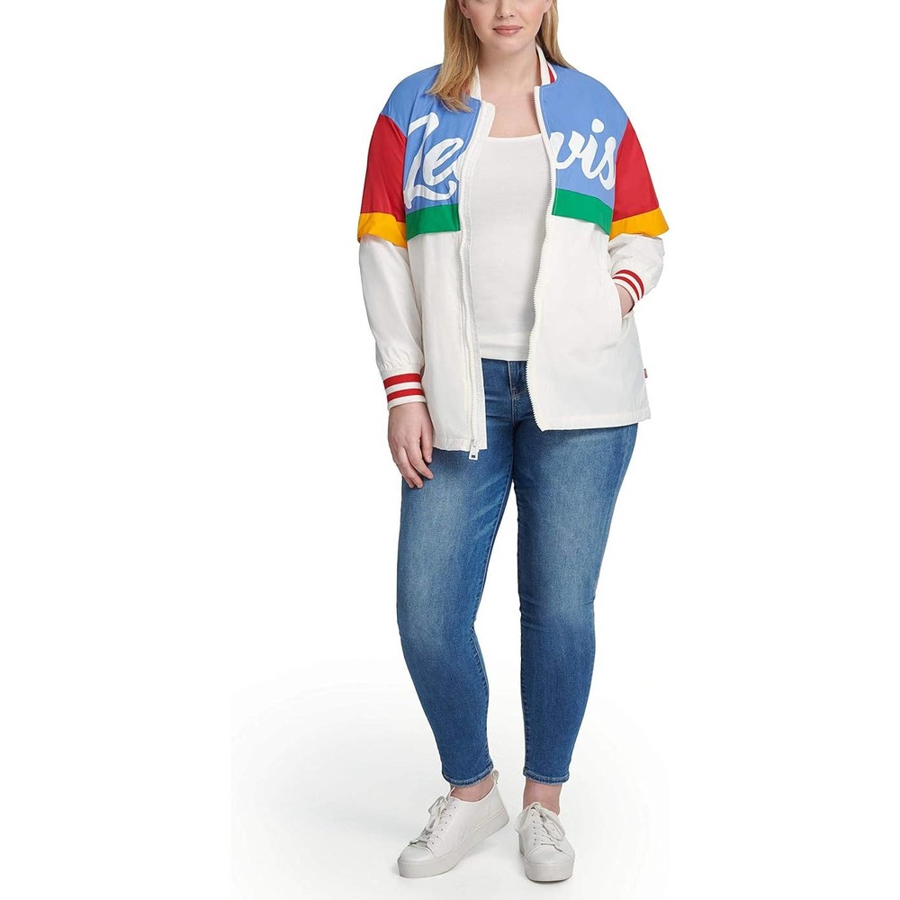 New Levi's Women's Nylon Retro Colorblocked Logo Bomber Jacket Sz Large - Picture 13 of 13